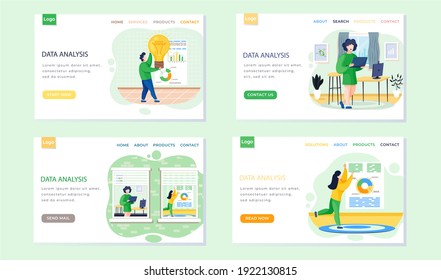 Data analysis, analytics landing page template set of four scenes, business research concept and analysis of statistical indicators. Small person and information facts development presentation charts