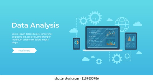 Data analysis. Analytics, statistics, audit,  research, report. Web online and mobile service. Financial reports, charts graphs on screens of laptop, phone, tablet. Business background banner. Vector