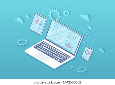 Data analysis. Analytics, statistics, audit,  research, report. Web and mobile service. Financial reports, charts graphs on screens of laptop, phone, tablet. Business isometric illustration