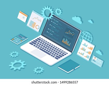 Data analysis, analytics, statistics, audit,  research, report, business results. Web and mobile service. Financial reports, charts graphs on screen of laptop. Business 3d isometric illustration