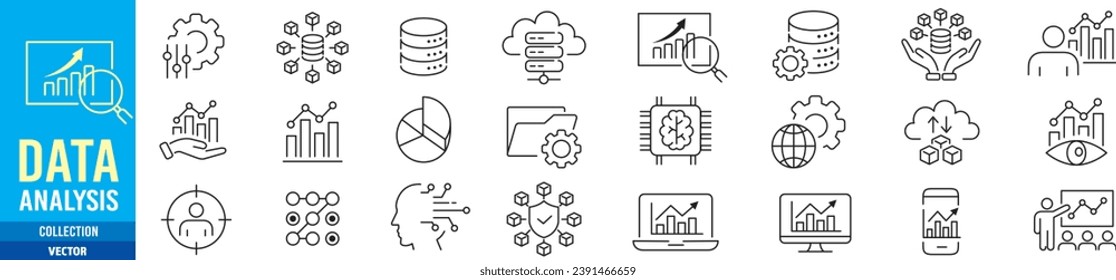 Data analysis, Analytics, Statistics, Big data, Database editable stroke line icons set collection illustration vector