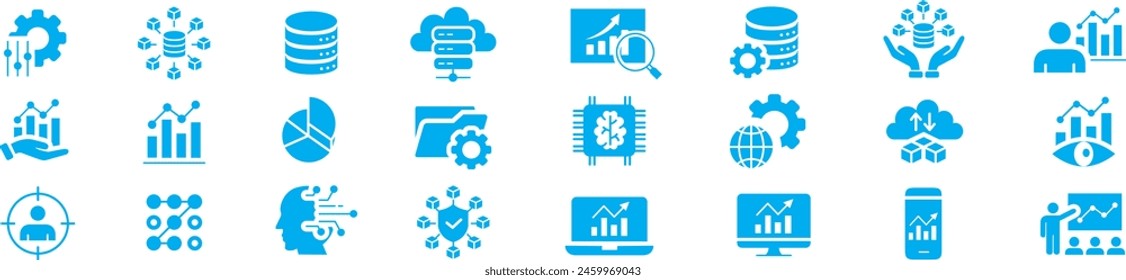 Data analysis, Analytics, Statistics, Big data, Database editable stroke line icons set collection illustration vector