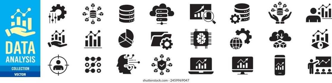 Data analysis, Analytics, Statistics, Big data, Database editable stroke line icons set collection illustration vector