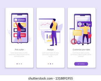 Data analysis app. Onboarding screens user interface kit. Business theme. Modern user interface UX, UI screen template for mobile smart phone or web site. Vector Illustration