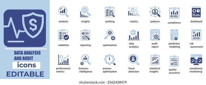 Data Analysis and Audit Icon Set  Editable vectors for analytics, auditing, insights, reports, and statistics