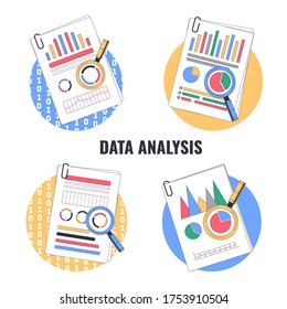 Datenanalyse, Audit, Marktforschung. Data Reports und Magnifier. Vektorgrafik.