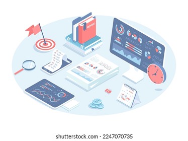 Análisis de datos, auditoría, investigación. Gráfico de informes financieros empresariales. Monitorear la inversión. Ilustración vectorial en diseño 3d. Banner web isométrico.	
