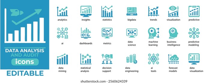 Data Analysis and Audit Vector Icon Set  AI, Dashboards, Trends, Metrics, Predictive Models Editable Design
