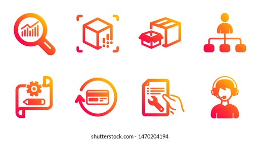 Data analysis, Augmented reality and Cogwheel blueprint line icons set. Packing boxes, Repair document and Management signs. Refund commission, Consultant symbols. Vector