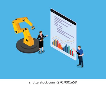 Data Analysis and Automation in the Modern Factory with Robotic Arm 3d isometric vector illustration