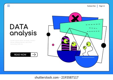Data analysis and balance - colorful flat design style illustration with linear elements. Neon colored composition with scales with monsters inside. Fair decision, thoughtful plan and discussion idea