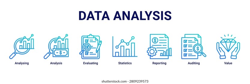 Data Analysis banner with analysing,analysis,evaluating,statistics,reporting,auditing and value icons for business analytics concept