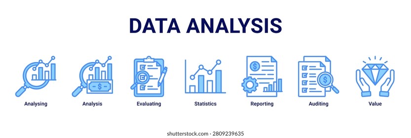 Data Analysis banner with analysing,analysis,evaluating,statistics,reporting,auditing and value icons for business analytics concept