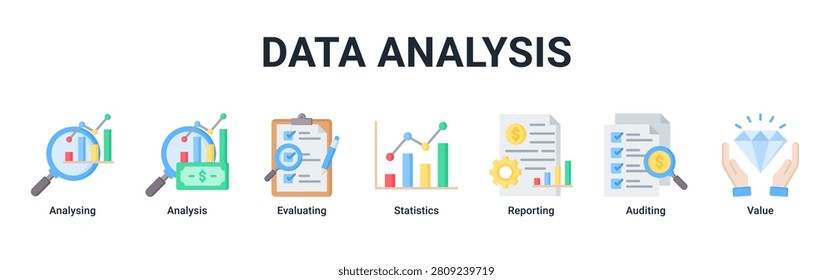 Data Analysis banner with analysing,analysis,evaluating,statistics,reporting,auditing and value icons for business analytics concept
