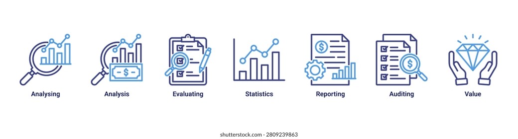 Data Analysis banner with analysing,analysis,evaluating,statistics,reporting,auditing and value icons for business analytics concept