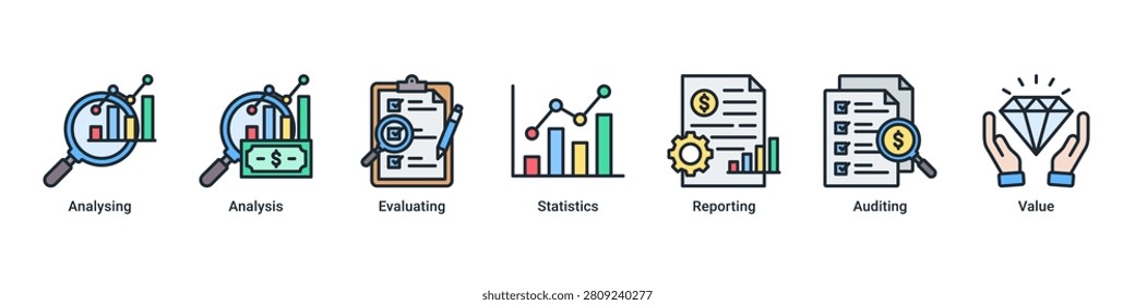 Data Analysis banner with analysing,analysis,evaluating,statistics,reporting,auditing and value icons for business analytics concept