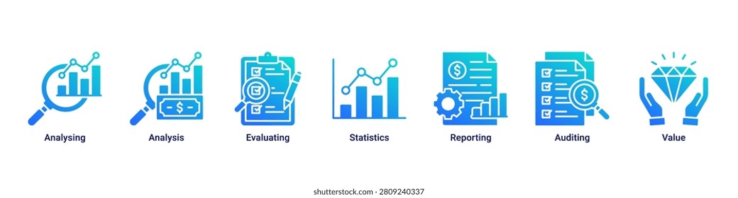 Data Analysis banner with analysing,analysis,evaluating,statistics,reporting,auditing and value icons for business analytics concept