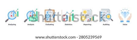 Data Analysis banner with analysing,analysis,evaluating,statistics,reporting,auditing and value icons for business analytics concept