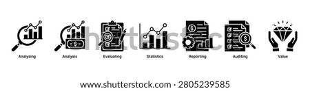 Data Analysis banner with analysing,analysis,evaluating,statistics,reporting,auditing and value icons for business analytics concept