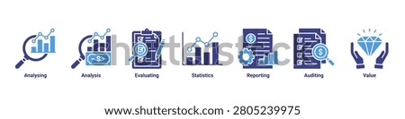 Data Analysis banner with analysing,analysis,evaluating,statistics,reporting,auditing and value icons for business analytics concept