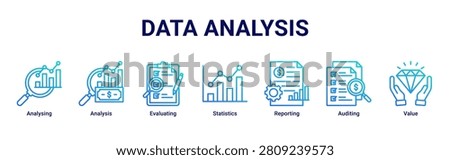 Data Analysis banner with analysing,analysis,evaluating,statistics,reporting,auditing and value icons for business analytics concept