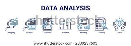Data Analysis banner with analysing,analysis,evaluating,statistics,reporting,auditing and value icons for business analytics concept