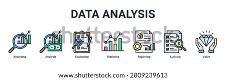 Data Analysis banner with analysing,analysis,evaluating,statistics,reporting,auditing and value icons for business analytics concept
