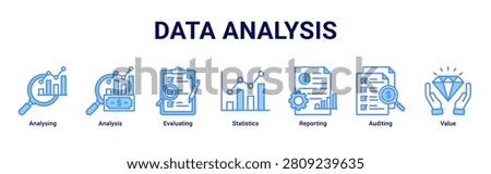 Data Analysis banner with analysing,analysis,evaluating,statistics,reporting,auditing and value icons for business analytics concept