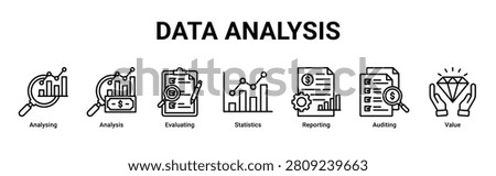 Data Analysis banner with analysing,analysis,evaluating,statistics,reporting,auditing and value icons for business analytics concept