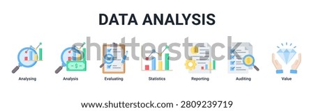 Data Analysis banner with analysing,analysis,evaluating,statistics,reporting,auditing and value icons for business analytics concept