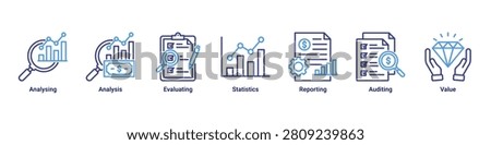 Data Analysis banner with analysing,analysis,evaluating,statistics,reporting,auditing and value icons for business analytics concept