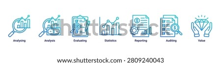 Data Analysis banner with analysing,analysis,evaluating,statistics,reporting,auditing and value icons for business analytics concept