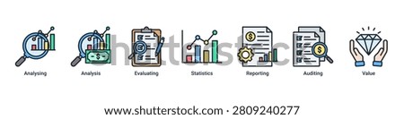 Data Analysis banner with analysing,analysis,evaluating,statistics,reporting,auditing and value icons for business analytics concept