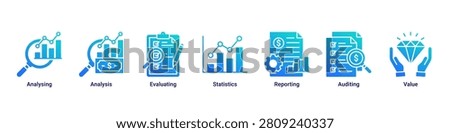 Data Analysis banner with analysing,analysis,evaluating,statistics,reporting,auditing and value icons for business analytics concept