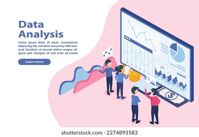 Data analysis banner. A group of business people working together to discuss and develop to make business grow. Isometric vector illustration concept.
