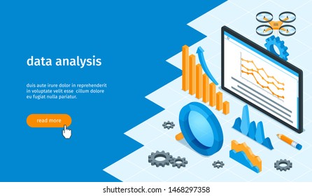 Data analysis banner. Magnifying glass, charts and drone. Isometric vector illustration