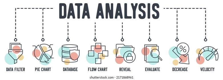 Data analysis banner web icon. data filter, pie chart, database, flow chart, reveal, evaluate, decrease, velocity vector illustration concept.