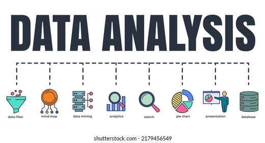 Data analysis banner web icon set. analytics, search, data mining, data filter, pie chart, presentation, mind map, database vector illustration concept.