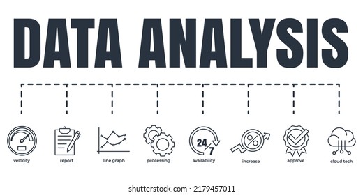 Data analysis banner web icon set. increase, velocity, processing, availability, line graph, cloud tech, approve, report vector illustration concept.