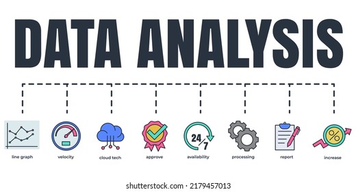Data analysis banner web icon set. increase, velocity, processing, availability, line graph, cloud tech, approve, report vector illustration concept.