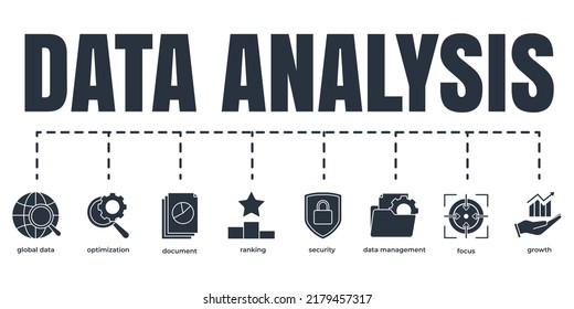 Data analysis banner web icon set. growth, focus, optimization, security, ranking, document, data management, global data vector illustration concept.