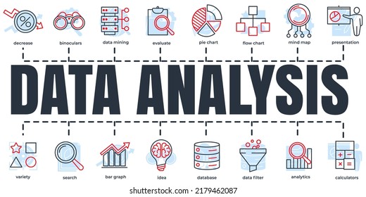 Data analysis banner web icon set. analytics, search, data mining, data filter, pie chart, and etc vector illustration concept.