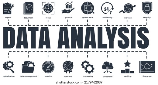 Data analysis banner web icon set. increase, velocity, processing, availability, line graph, and etc vector illustration concept.