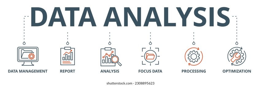 Data analysis banner web icon vector illustration concept with icon of data management, report, analysis, focus data, processing, optimization