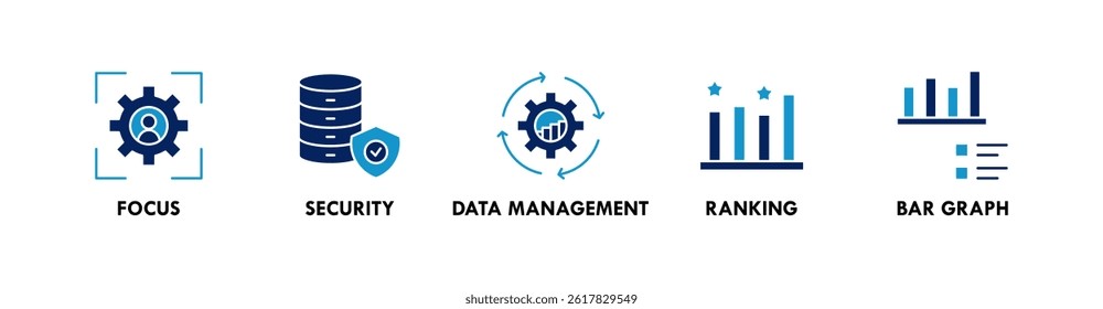 Data Analysis banner web icon illustration concept with icon of focus, security, data management, ranking, and bar graph