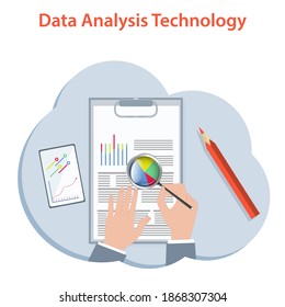 Data analysis - blank with graphic symbols, smartphone, hands, magnifying glass, - vector. Business technology.