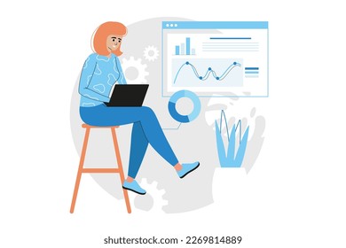 Data analysis blue concept with people scene in the flat cartoon design. Woman creates diagrams and charts based on data analysis. Vector illustration.