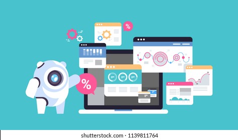 data analysis bot robot graph diagram finance artificial intelligence concept over blue background flat horizontal vector illustration