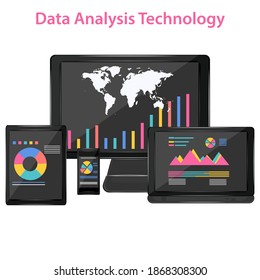 Data analysis - bright charts, graphs on the computer screen, laptop, tablet, smartphone - vector. Business technology.