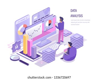 Data analysis. Analysis business, data analytic of graphs, charts, financial research, strategy planning, marketing, team analyze diagrams, study of performance financial budget isometric vector.